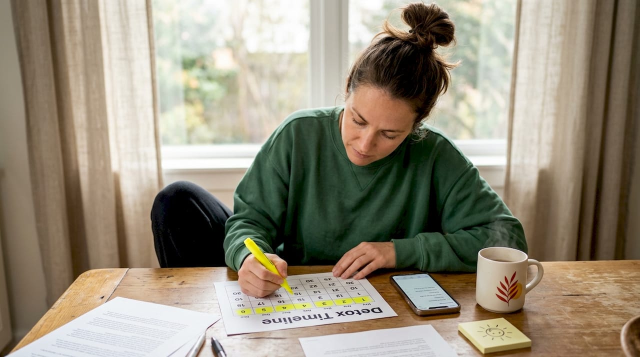 Woman planning detox calendar at kitchen table