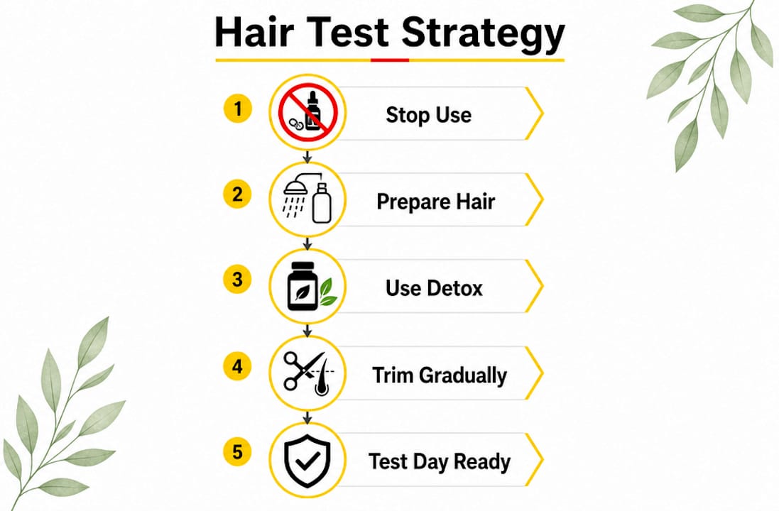 Infographic showing 5-step hair test passing strategy