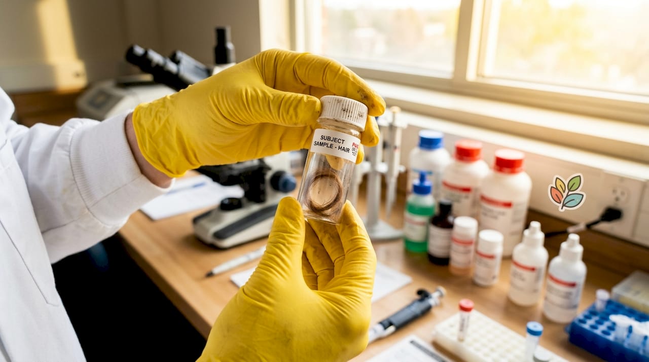 Lab technician holding hair follicle sample