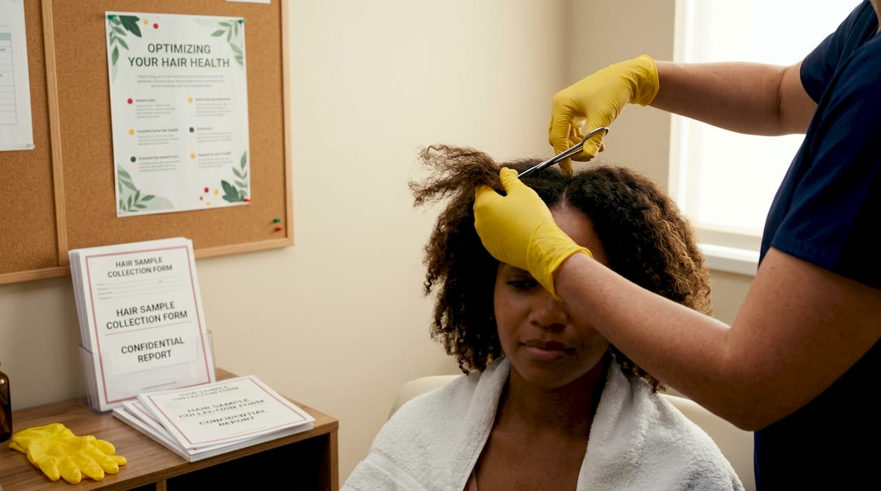 Technician cutting scalp hair for sample