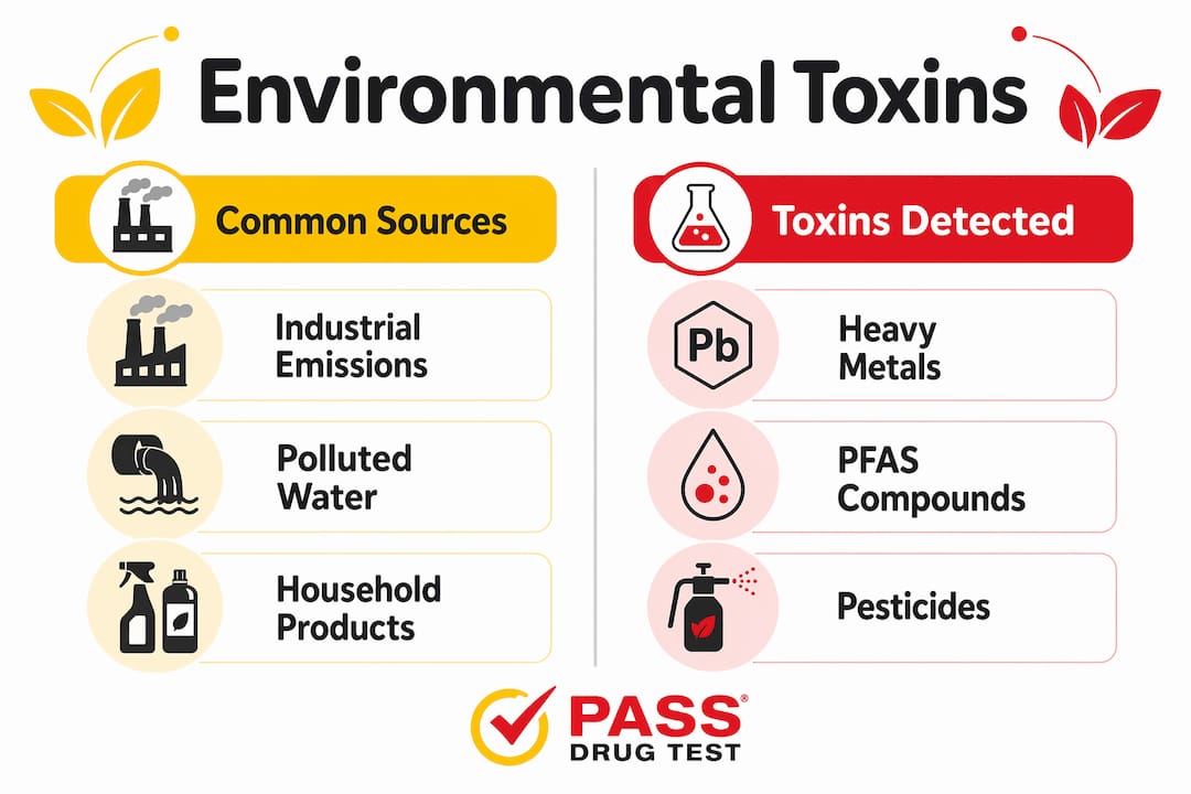 Infographic comparing common sources and toxins detected in hair tests