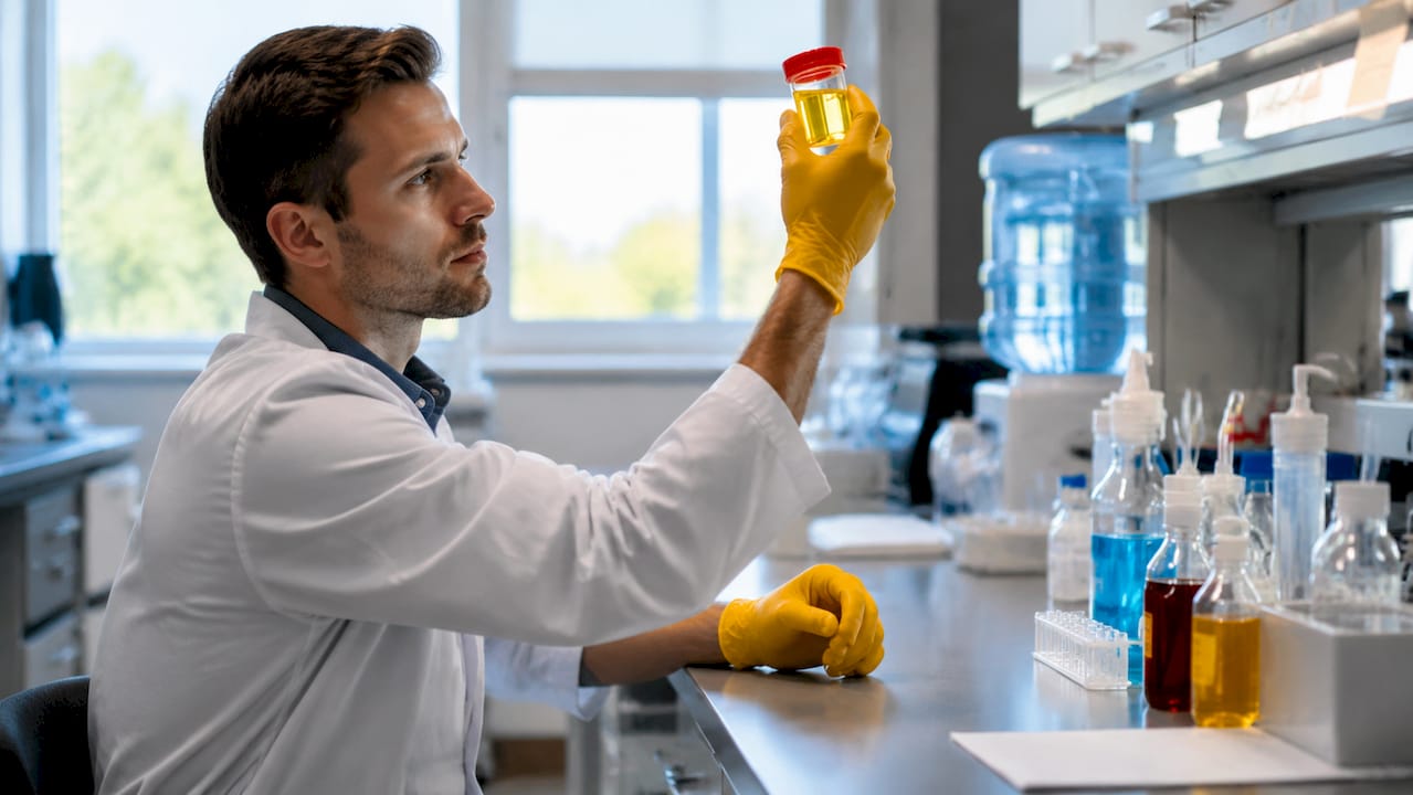 Lab technician handling cannabis drug test sample