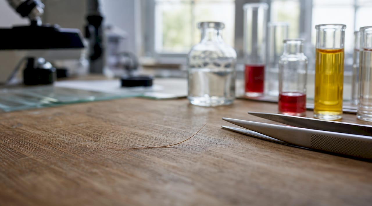 Close-up macro of hair strand and lab tools