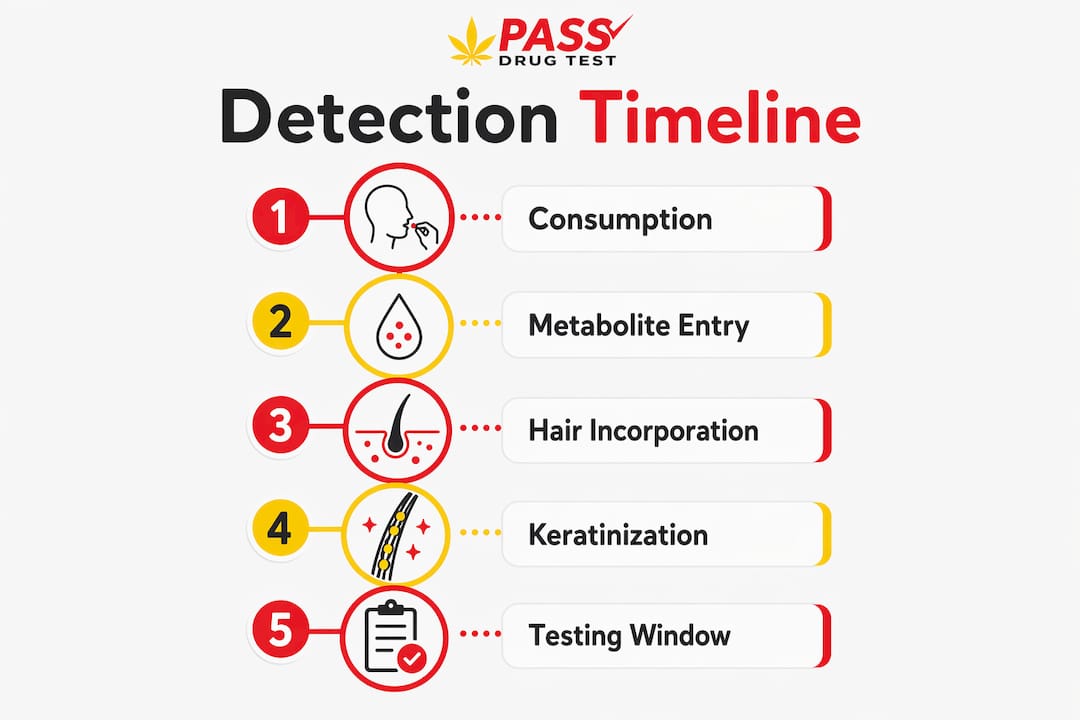 Infographic illustrating drug metabolite detection timeline in hair