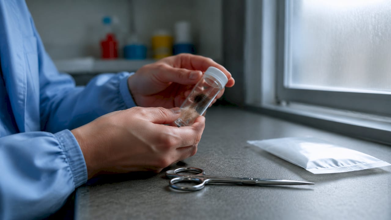Hands holding hair sample vial for THC metabolite testing