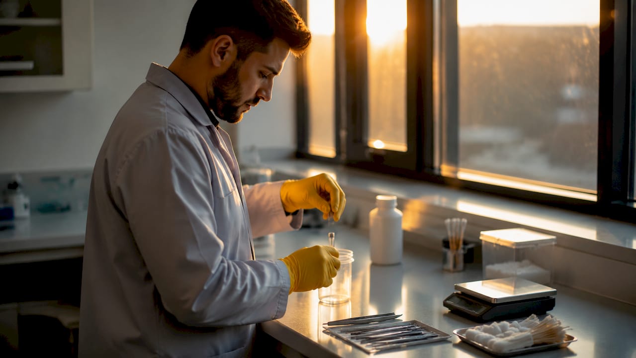 Hands preparing hair sample in lab