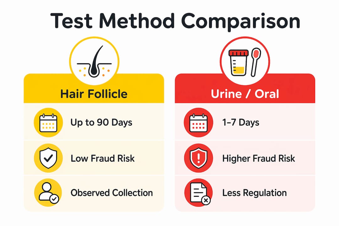Infographic comparing hair follicle to urine and oral fluid drug tests