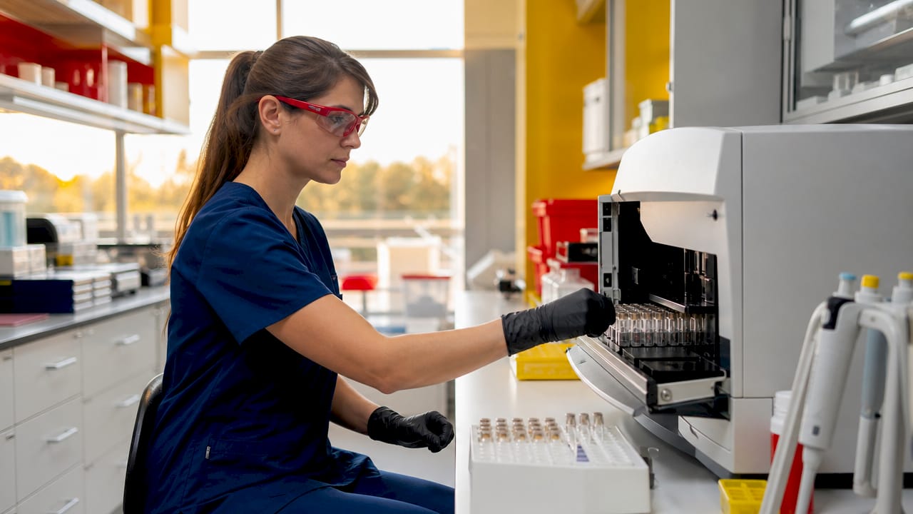 Lab scientist operating drug screening analyzer