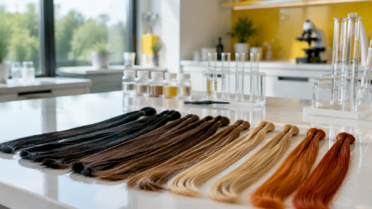 Varied hair color strands close-up on wooden surface