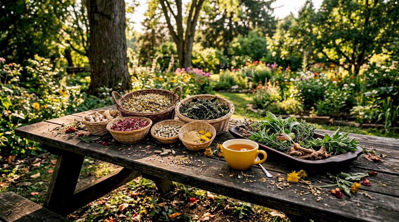 Close-up of herbal detox ingredients on tabletop