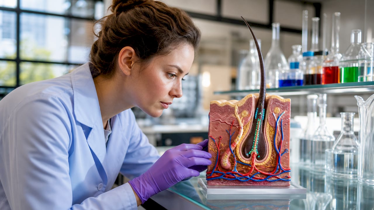 Close-up of researcher holding hair follicle model