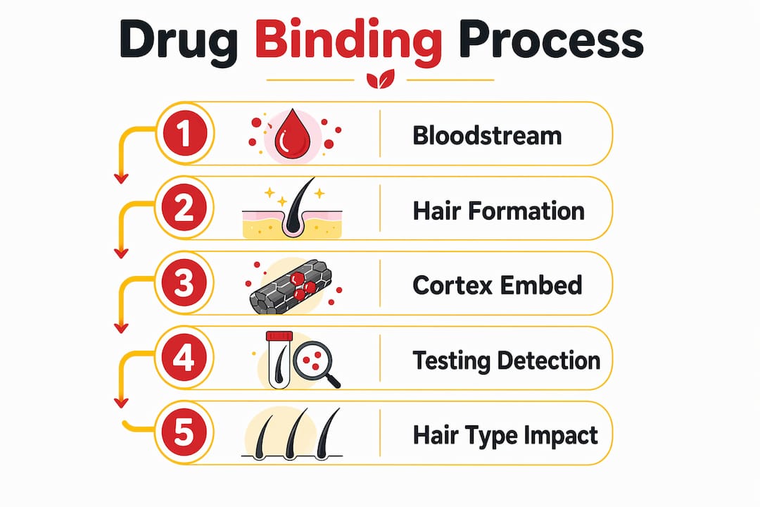 Infographic showing drug binding process in hair with key labeled steps