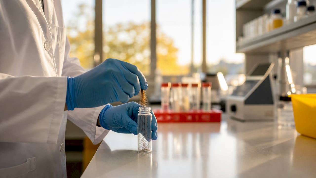 Lab technician collecting hair sample for drug test