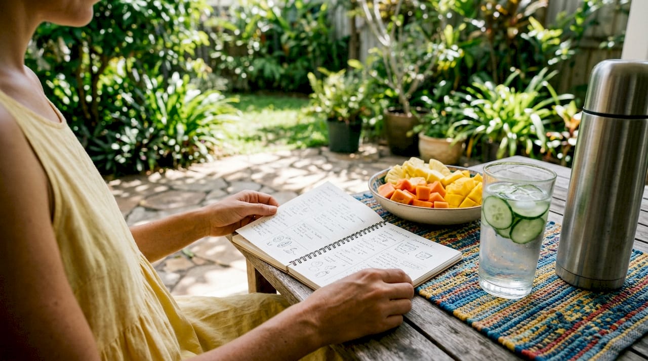 Hands with nutrition journal and water glass overhead