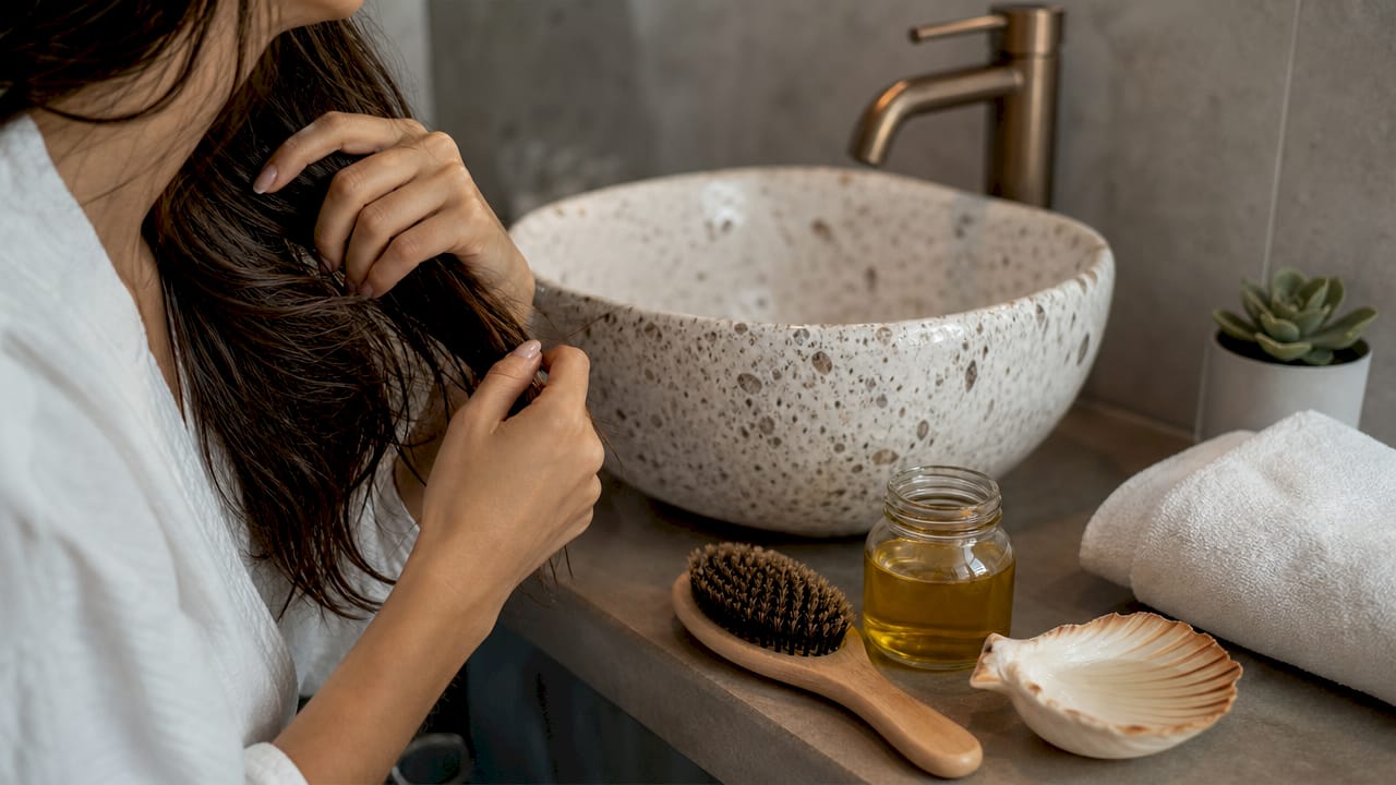 Hands brushing hair with natural bristle brush