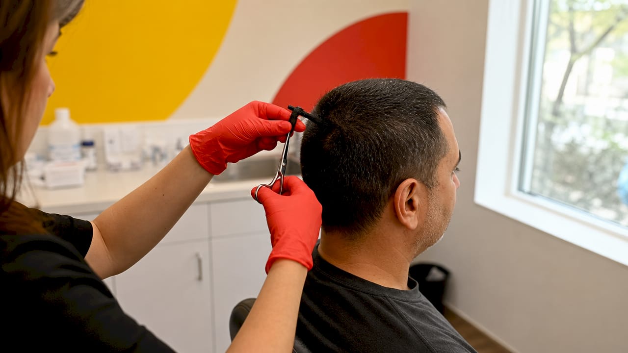 Technician cutting hair sample for THC test