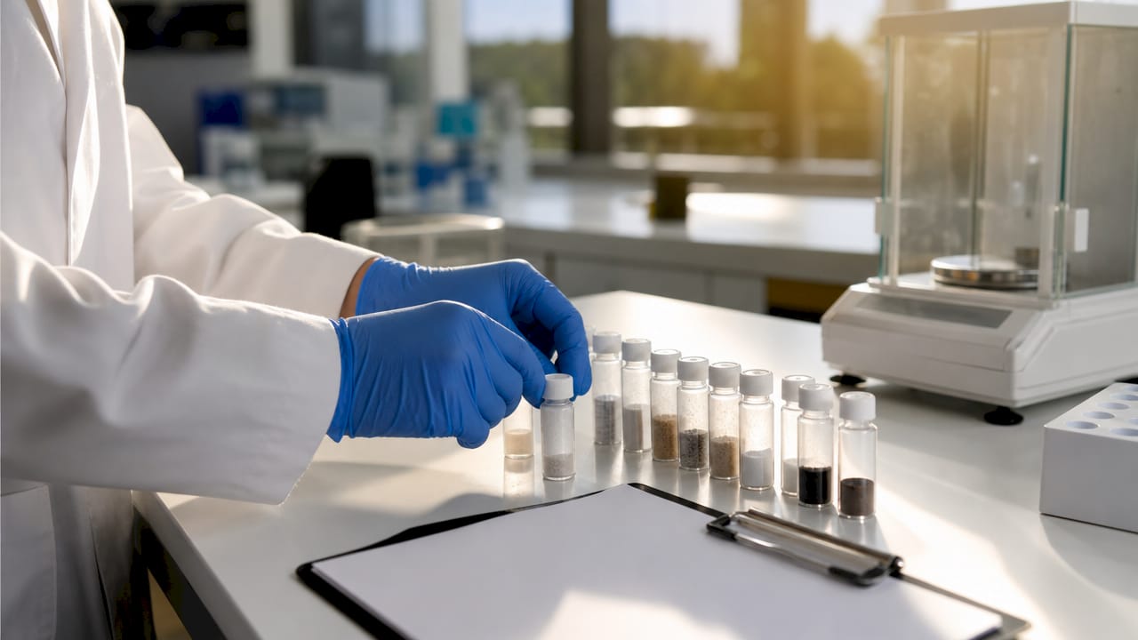 Pharmacist preparing drug test vials in lab