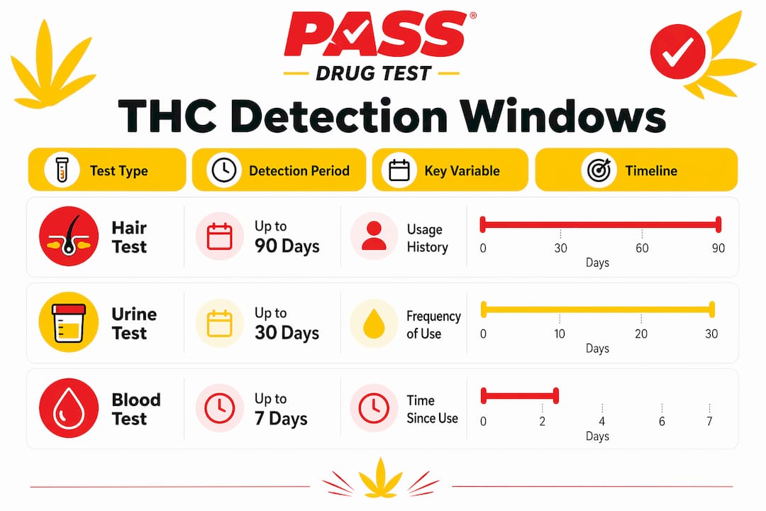 Infographic summarizing THC detection windows across test types