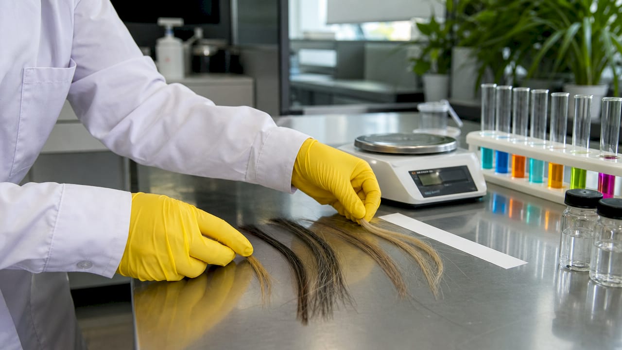 Lab technician handling hair sample for drug testing