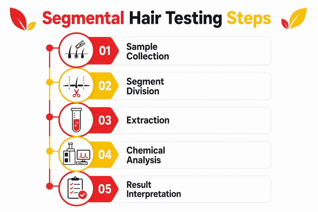 Infographic showing segmental hair testing process steps sequentially