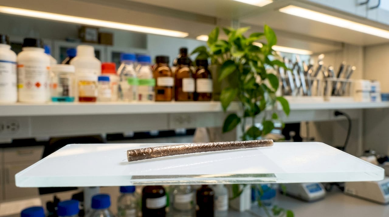 Strand of hair on scientific slide in lab