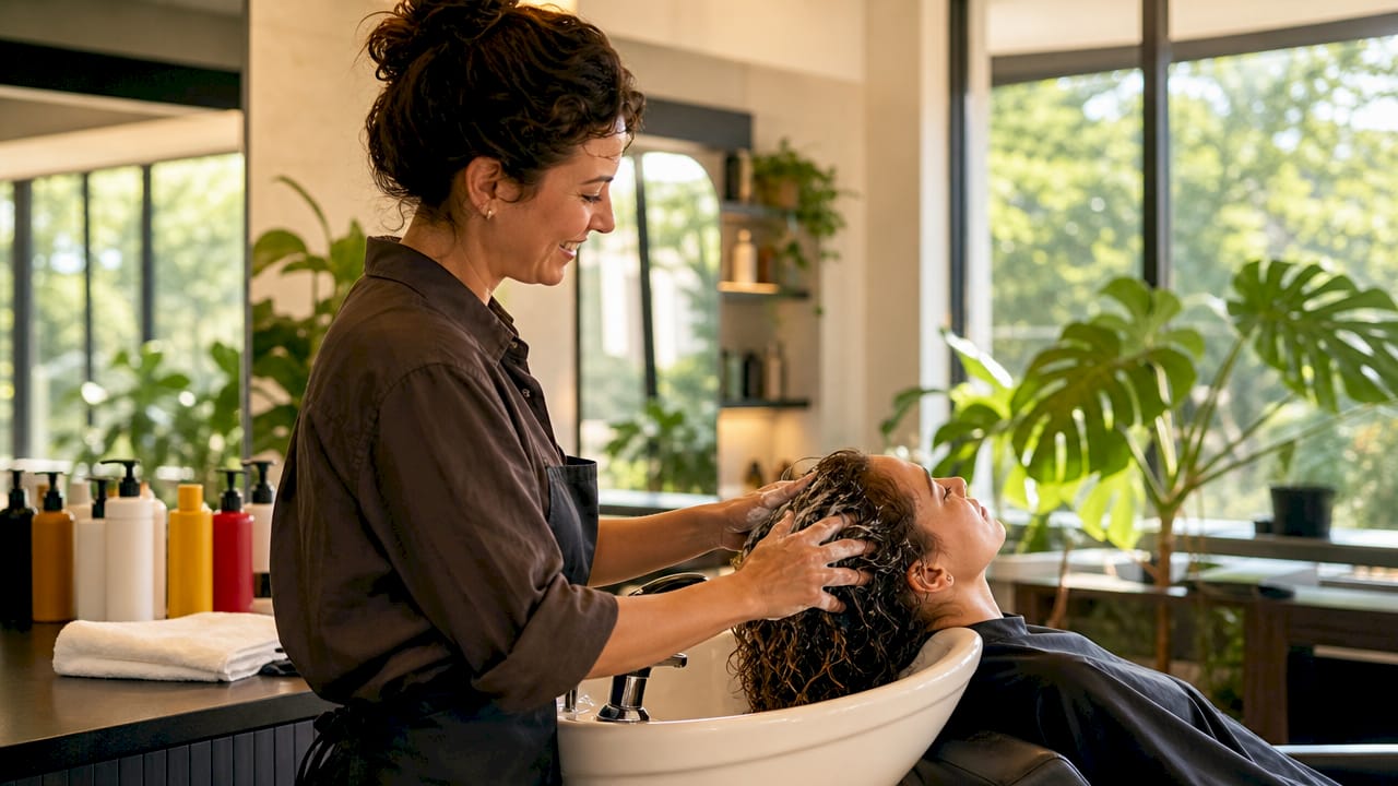 Hands massaging conditioner into hair