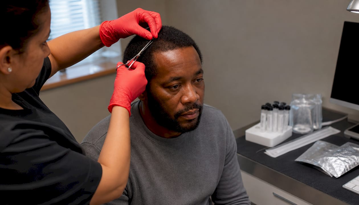 Technician collecting hair sample near scalp for testing