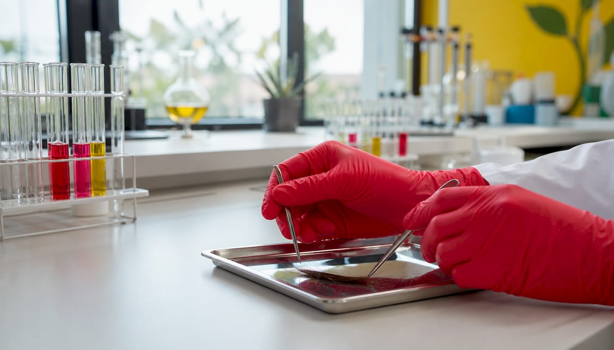 Gloved hands inspecting hair sample closely