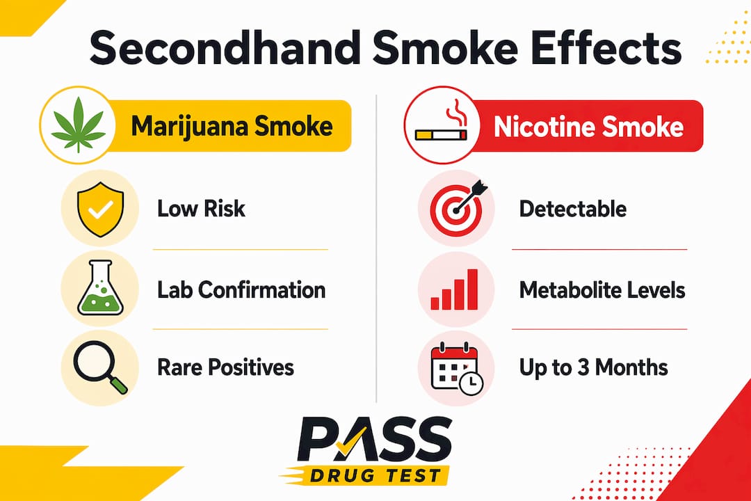 Infographic comparing secondhand marijuana and nicotine smoke effects on hair tests
