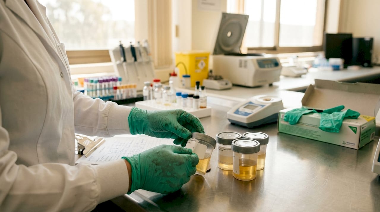 Lab technician handling urine samples