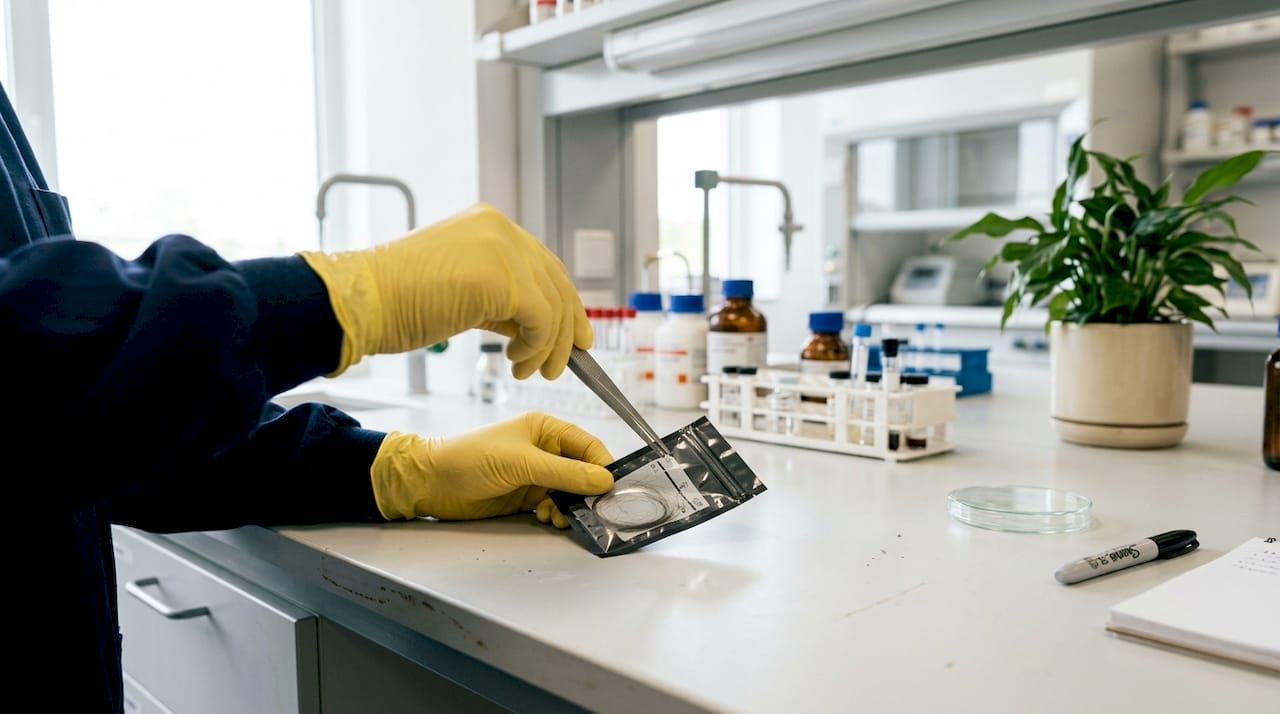 Lab technician handling hair sample for drug test