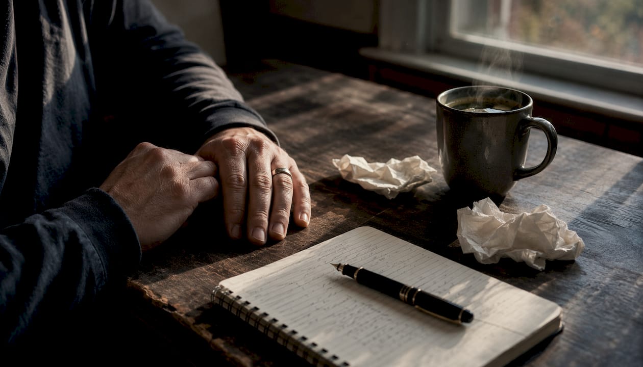 Hands on table with medication and notebook
