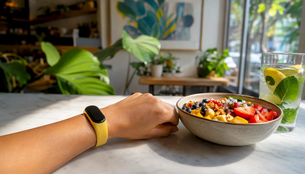 Overhead of wristwatch and detox meal on kitchen table
