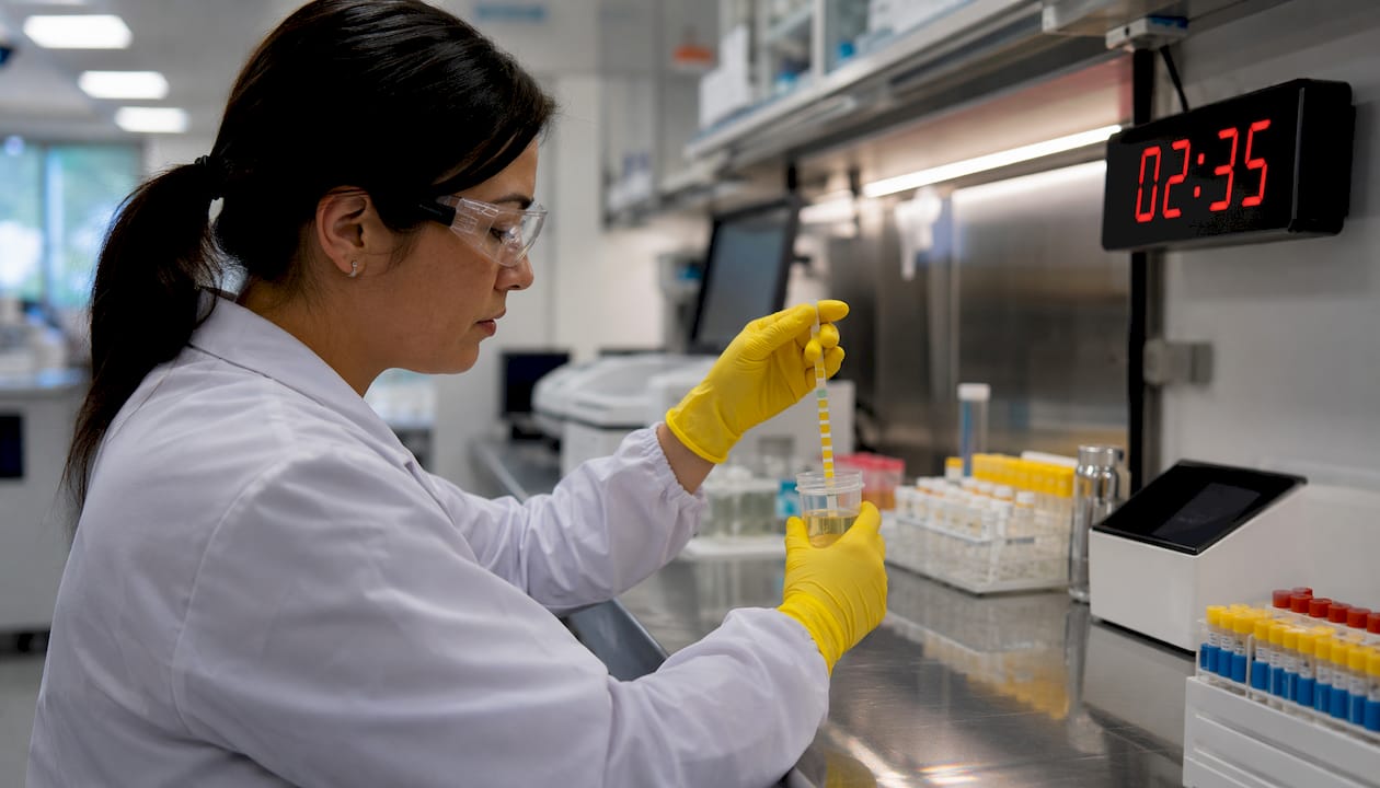 Laboratory technician testing urine sample with dipstick