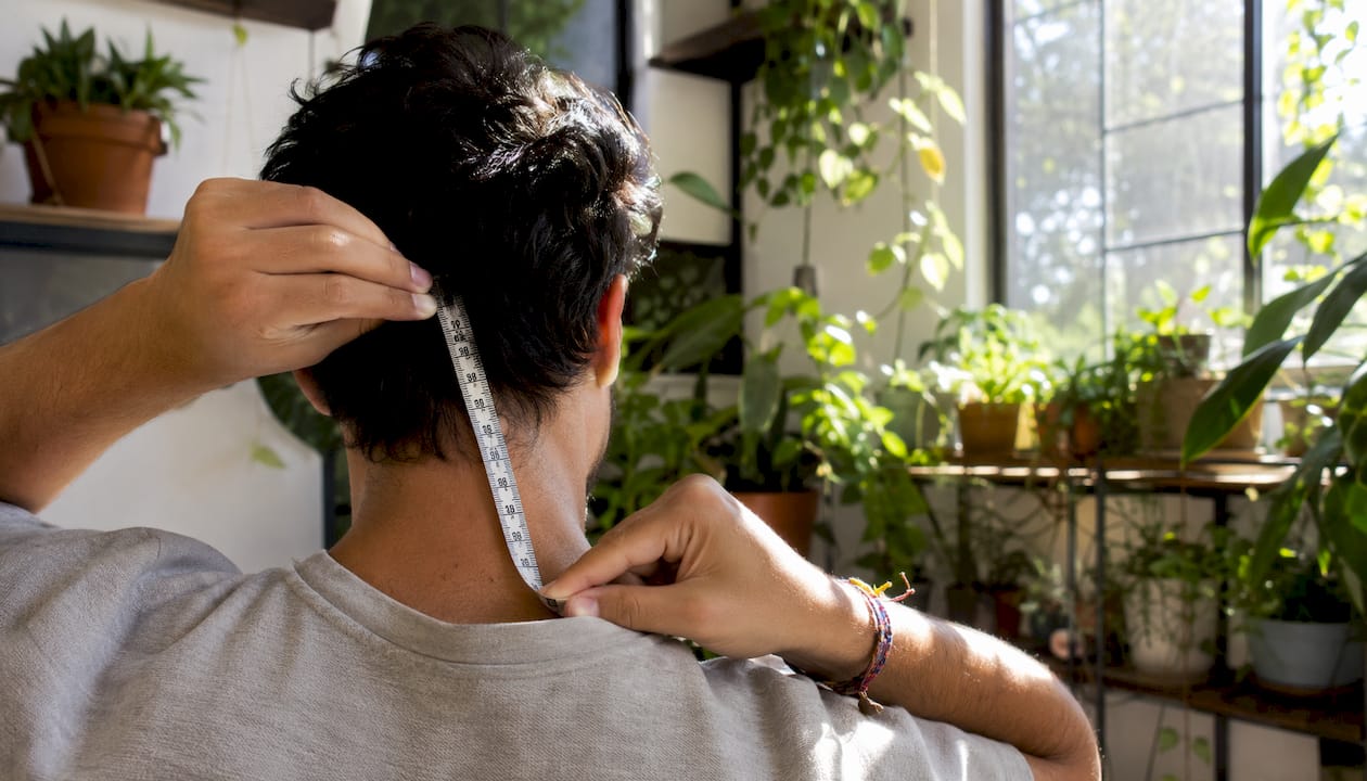 Close-up of hands measuring hair length at home