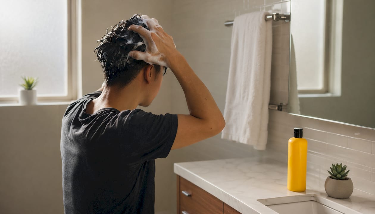 Hands applying detox shampoo to hair over sink