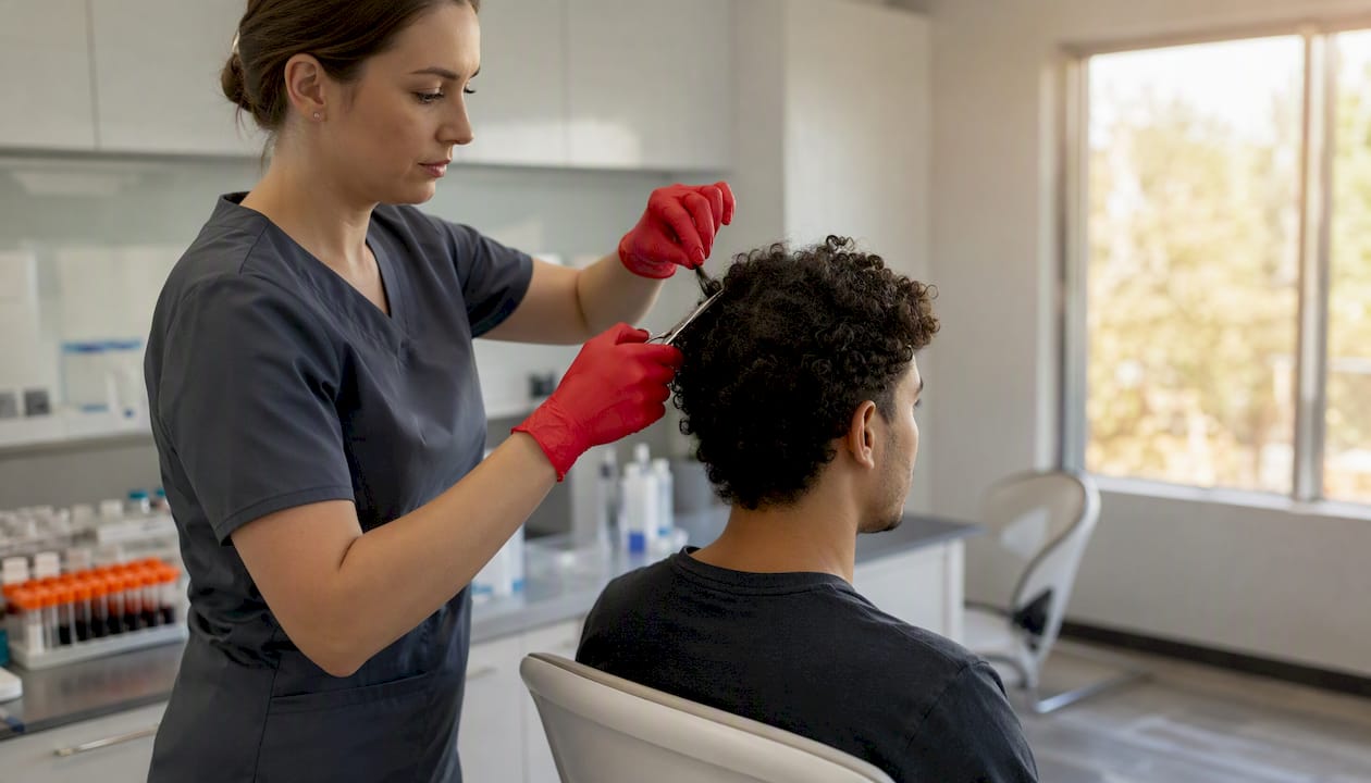 Technician cutting hair sample for drug test