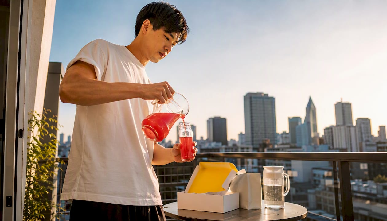 Man pouring detox drink at kitchen table