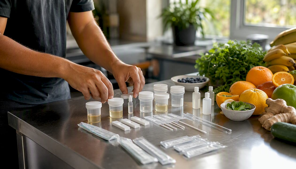 Hands holding various drug test kit components