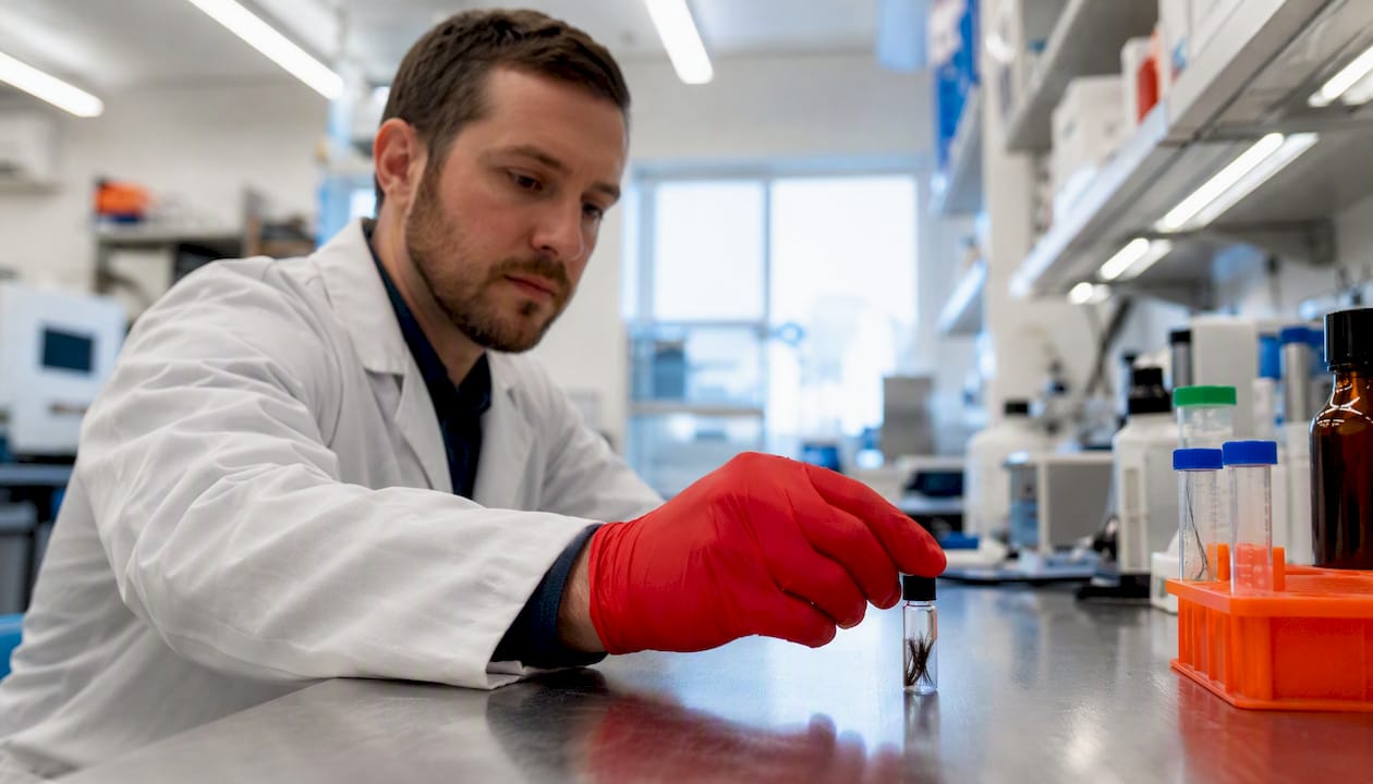 Scientist examining hair samples in lab setting