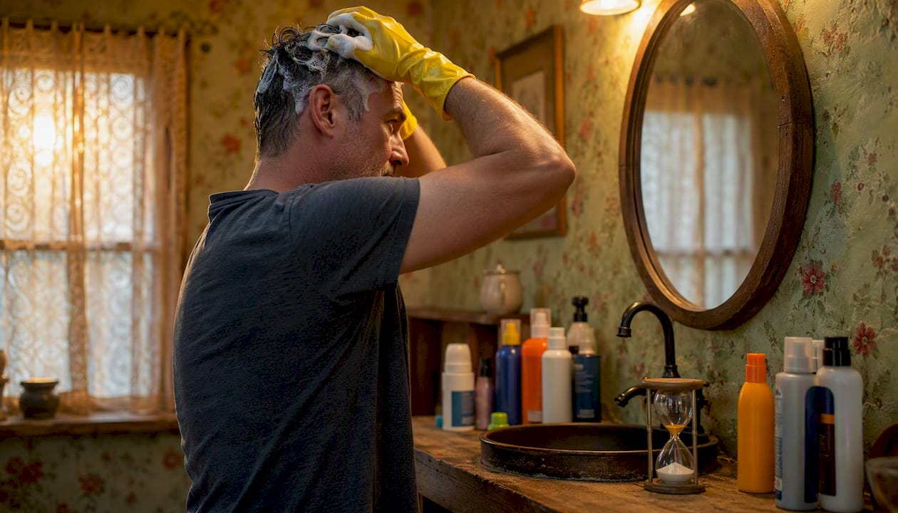 Person applying Macujo hair detox shampoo in bathroom