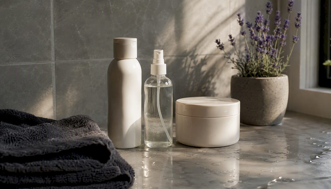 Detox treatment kit components on bathroom counter