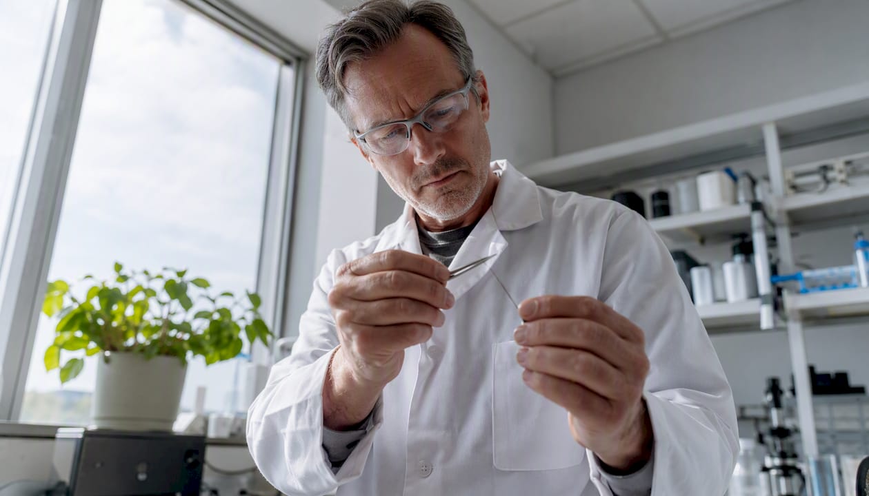 Lab technician inspecting hair sample