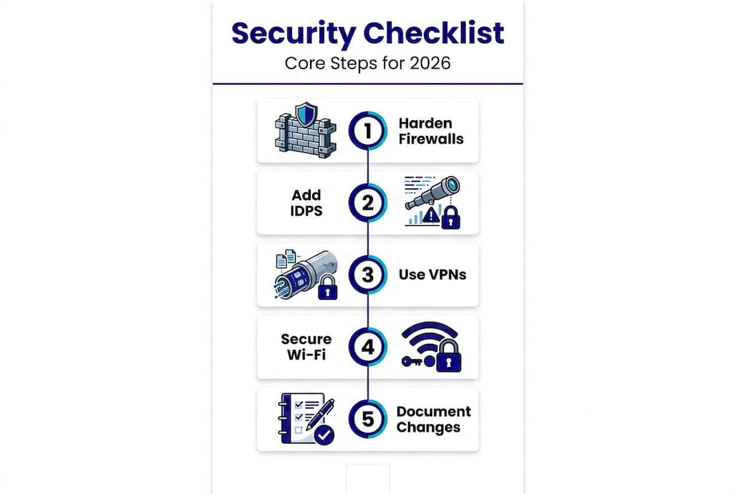 Network security checklist core steps infographic