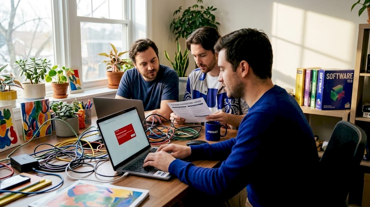 Small business employees handling IT support