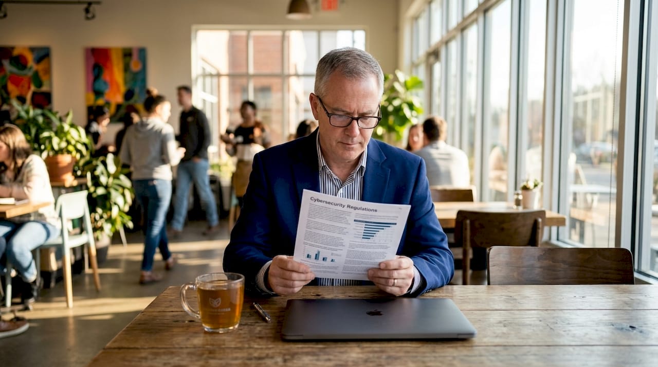 Manager reviewing cybersecurity regulations in conference room