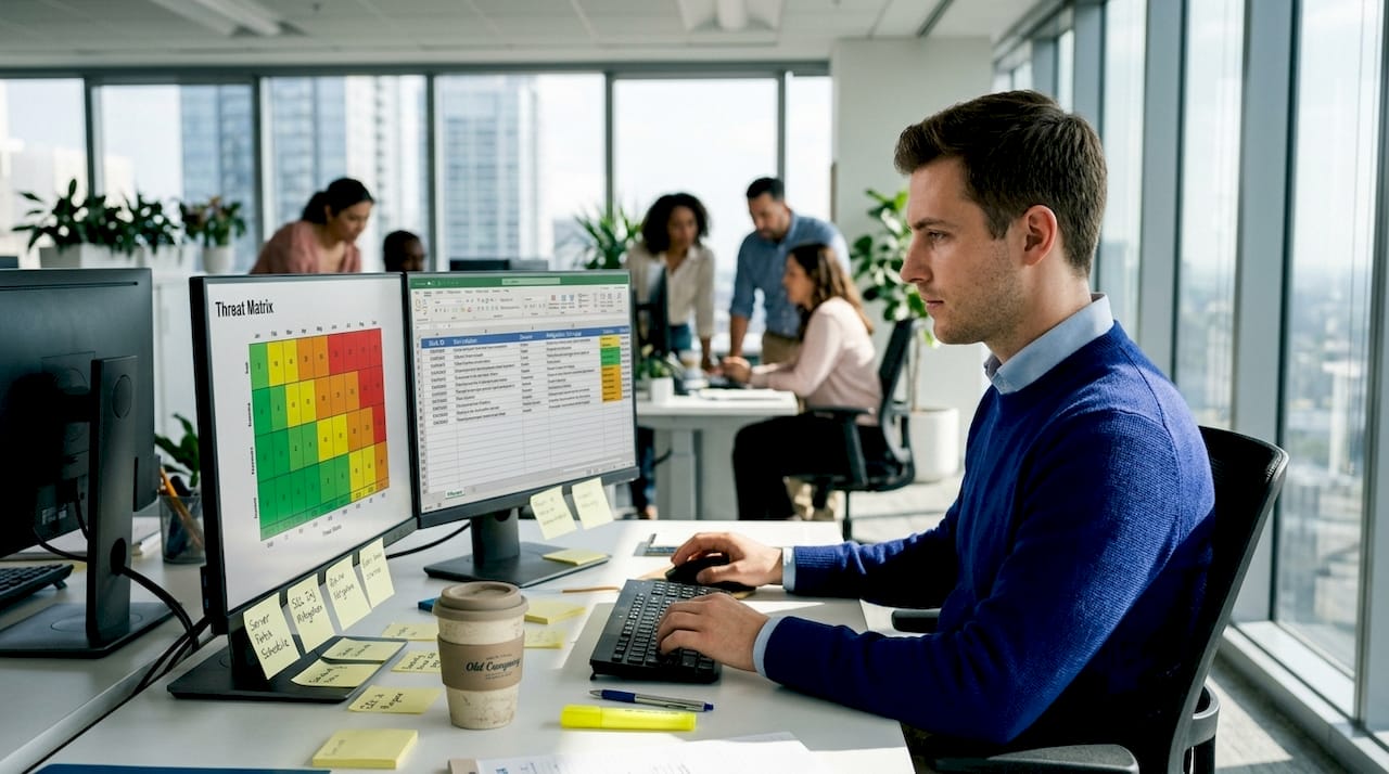 IT manager updates risk register heat map on monitor