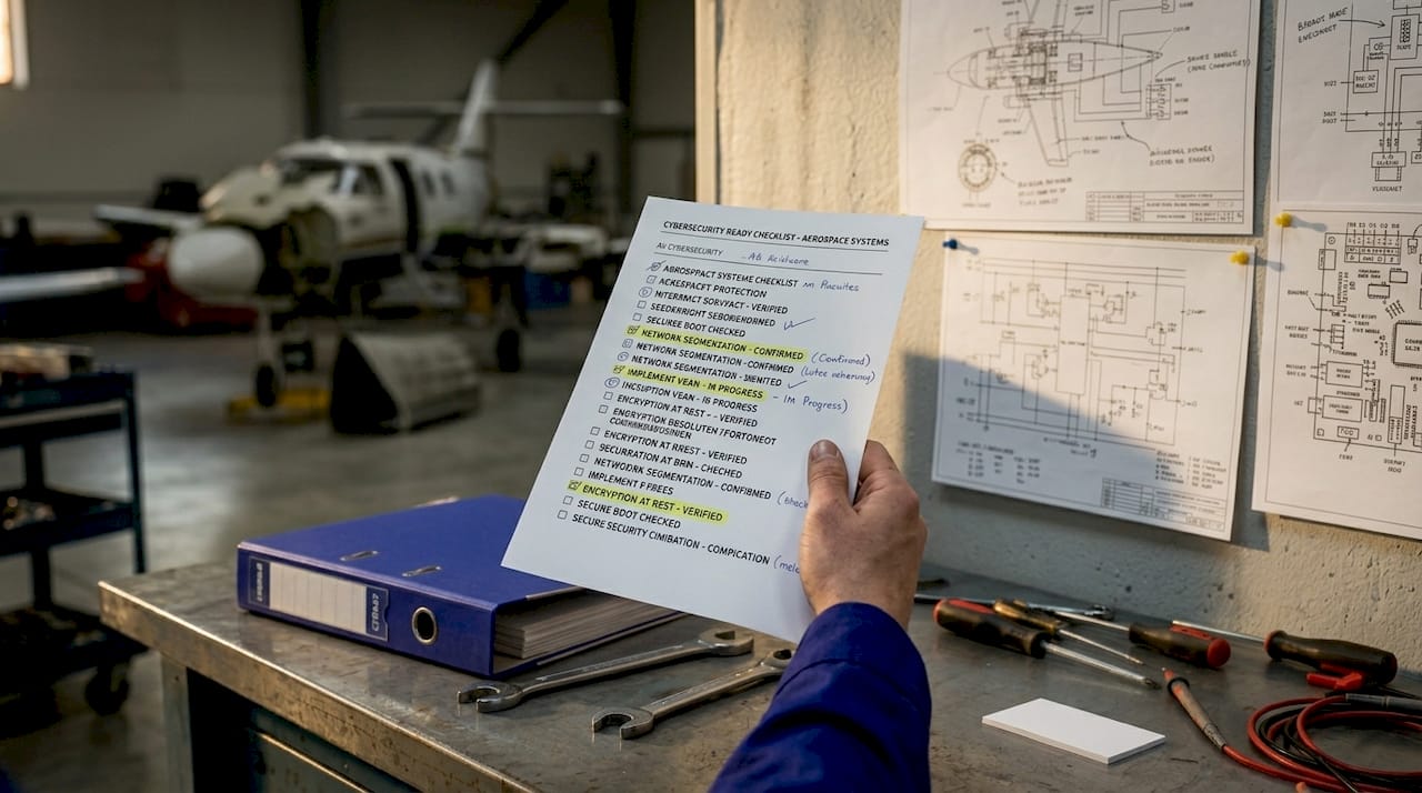 Hand holding aerospace cybersecurity checklist document