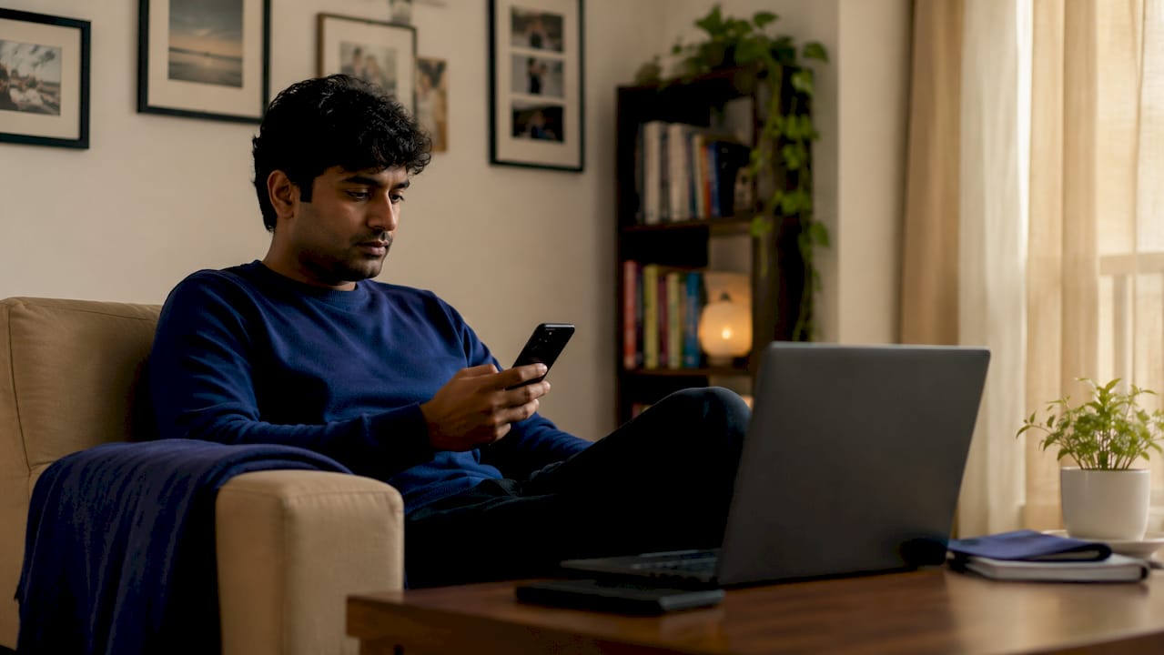 Man checking login alerts on smartphone at office desk