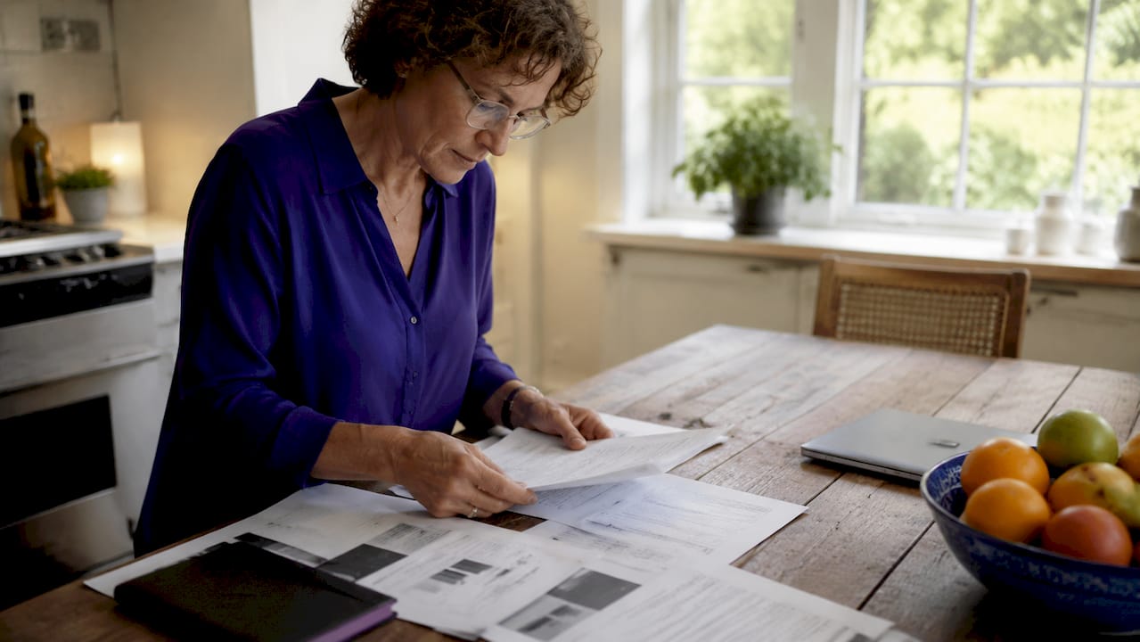 Woman organizing data security documents at desk